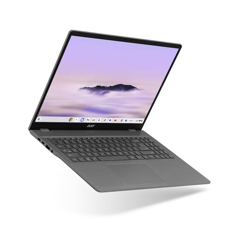 Acer Chromebook Plus 516 device floating open, angled to show the left side and screen.