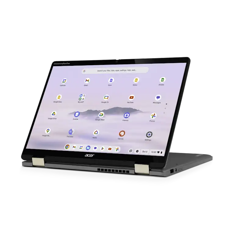 Acer Chromebook Plus Spin 714 device inverted in tablet mode, right side view showing available ports.