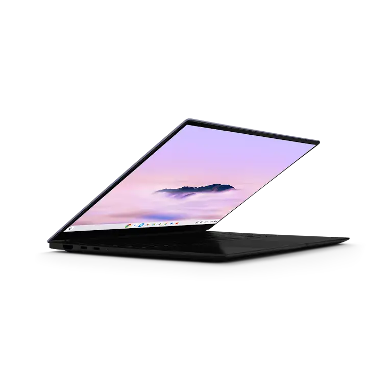 Samsung Galaxy Chromebook Plus device slightly opened up close look at the left side ports and external buttons.