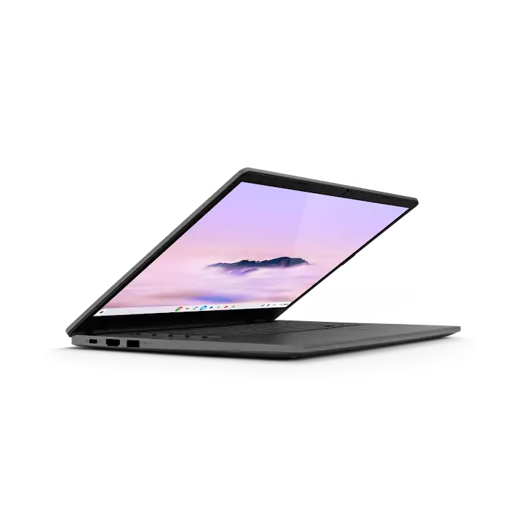 Acer Chromebook Plus 515 device slightly opened up close look at the left side ports and external buttons.