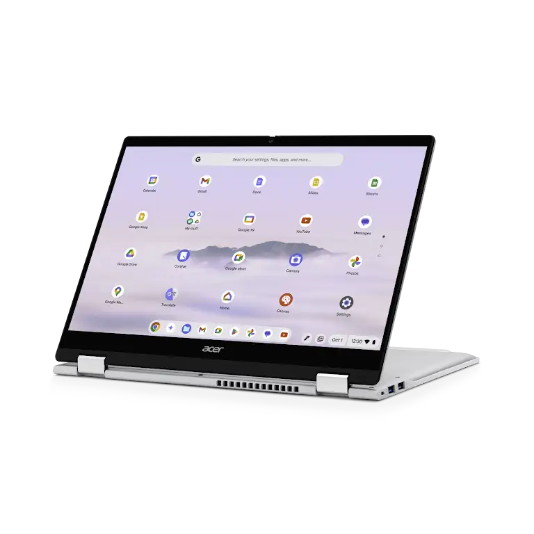 Acer Chromebook Plus Spin 514 device inverted in tablet mode, right side view showing available ports.