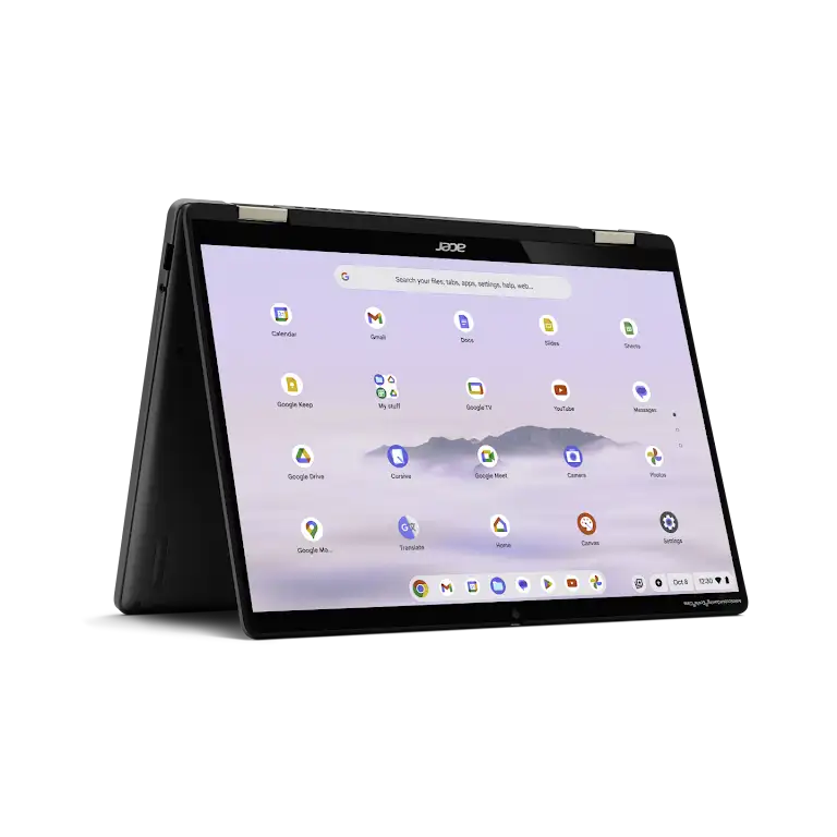 Acer Chromebook Plus Spin 714 device in tent position, displaying the apps screen.